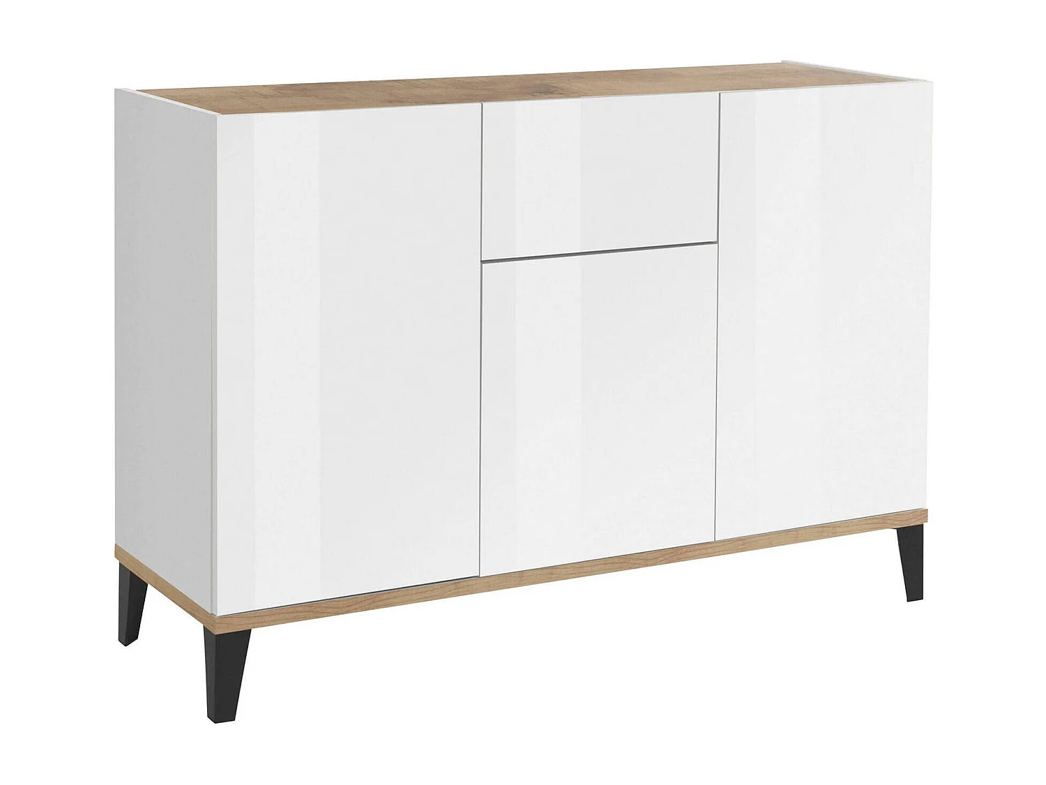 Ddybal Dressoir, Keukendressoir met 3 deuren en 1 lade, Woonkamerbuffet, Keukendressoir, 100% Made in Italy, 120x40h82 cm, Glanzend wit en esdoorn