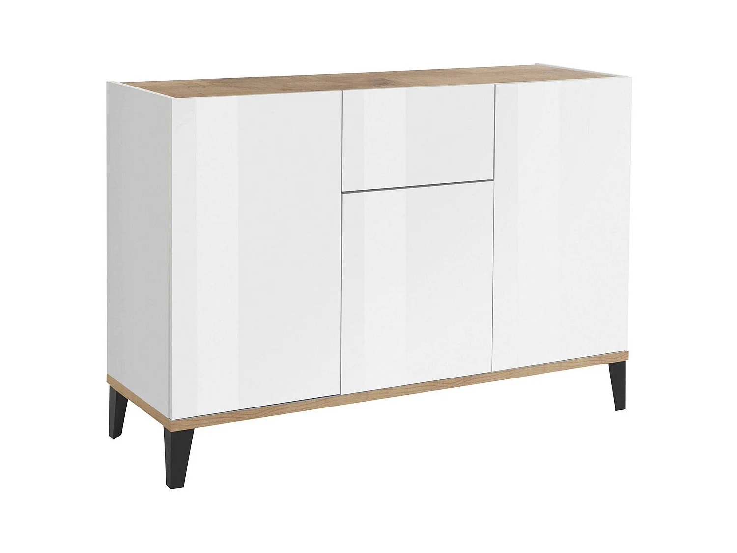 Ddybal Dressoir, Keukendressoir met 3 deuren en 1 lade, Woonkamerbuffet, Keukendressoir, 100% Made in Italy, 120x40h82 cm, Glanzend wit en esdoorn