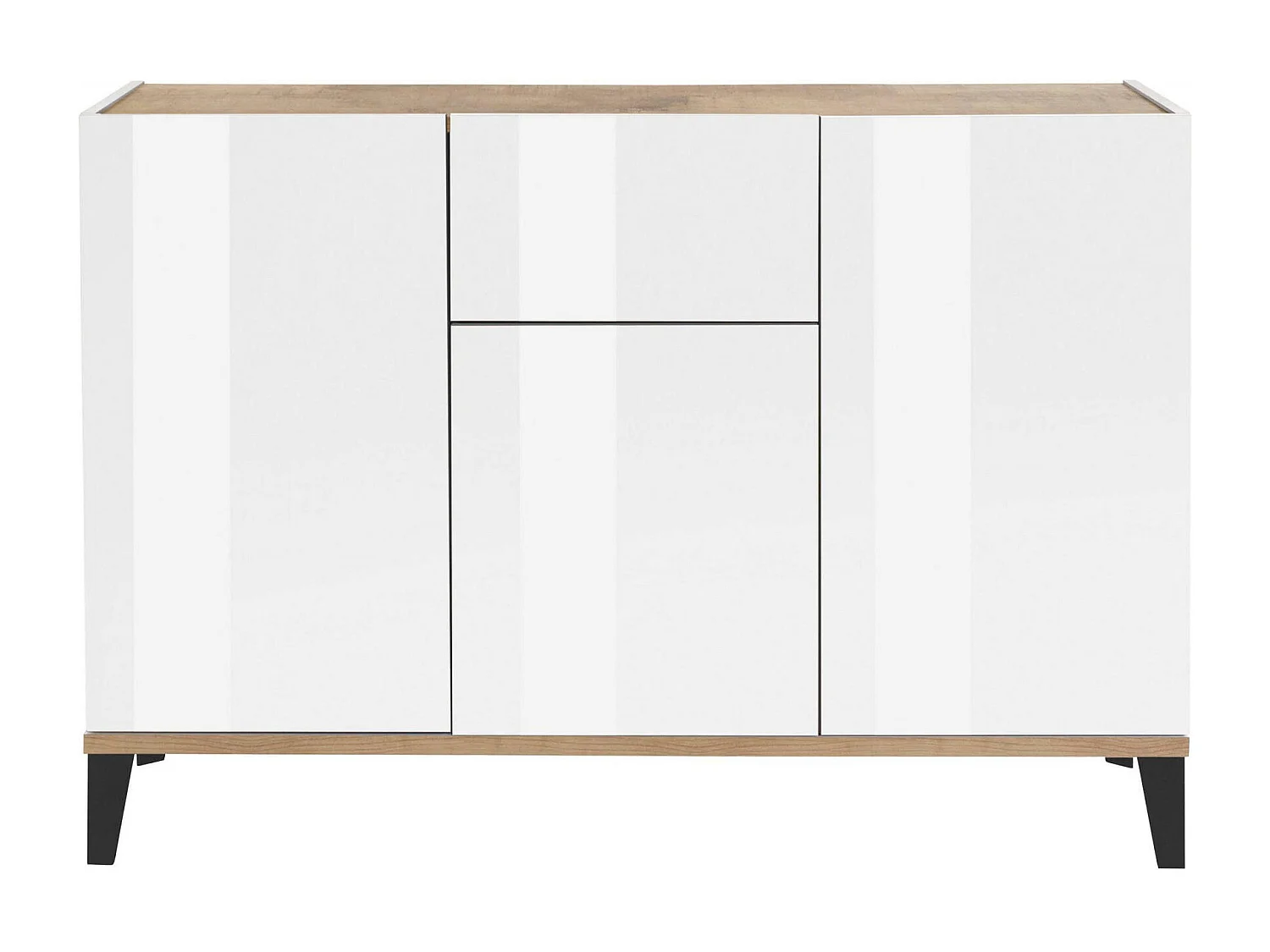 Ddybal Dressoir, Keukendressoir met 3 deuren en 1 lade, Woonkamerbuffet, Keukendressoir, 100% Made in Italy, 120x40h82 cm, Glanzend wit en esdoorn