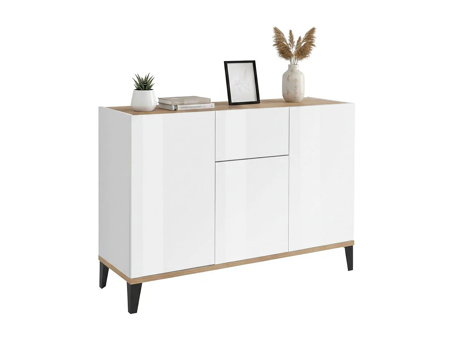 Buffet Ddybal, Buffet de cuisine avec 3 portes et 1 tiroir, Buffet de salon, Buffet de cuisine, 100% Made in Italy, 120x40h82 cm, Blanc brillant et Érable
