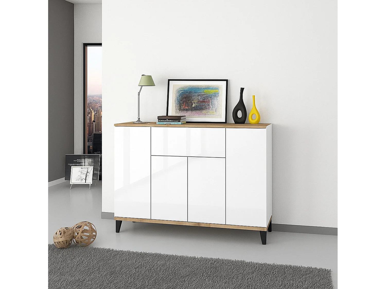 Buffet Ddybal, Buffet de cuisine avec 3 portes et 1 tiroir, Buffet de salon, Buffet de cuisine, 100% Made in Italy, 120x40h82 cm, Blanc brillant et Érable