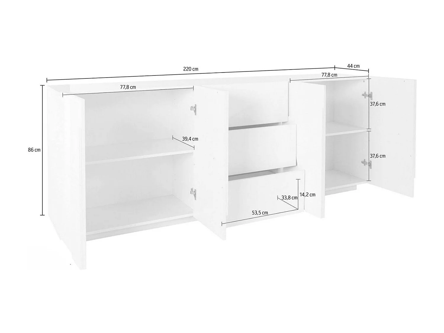 Aparador Dgut, Aparador de cozinha com 4 portas e 3 gavetas, Buffet de sala, 100% Fabricado em Itália, 224x44h86 cm, Branco brilhante