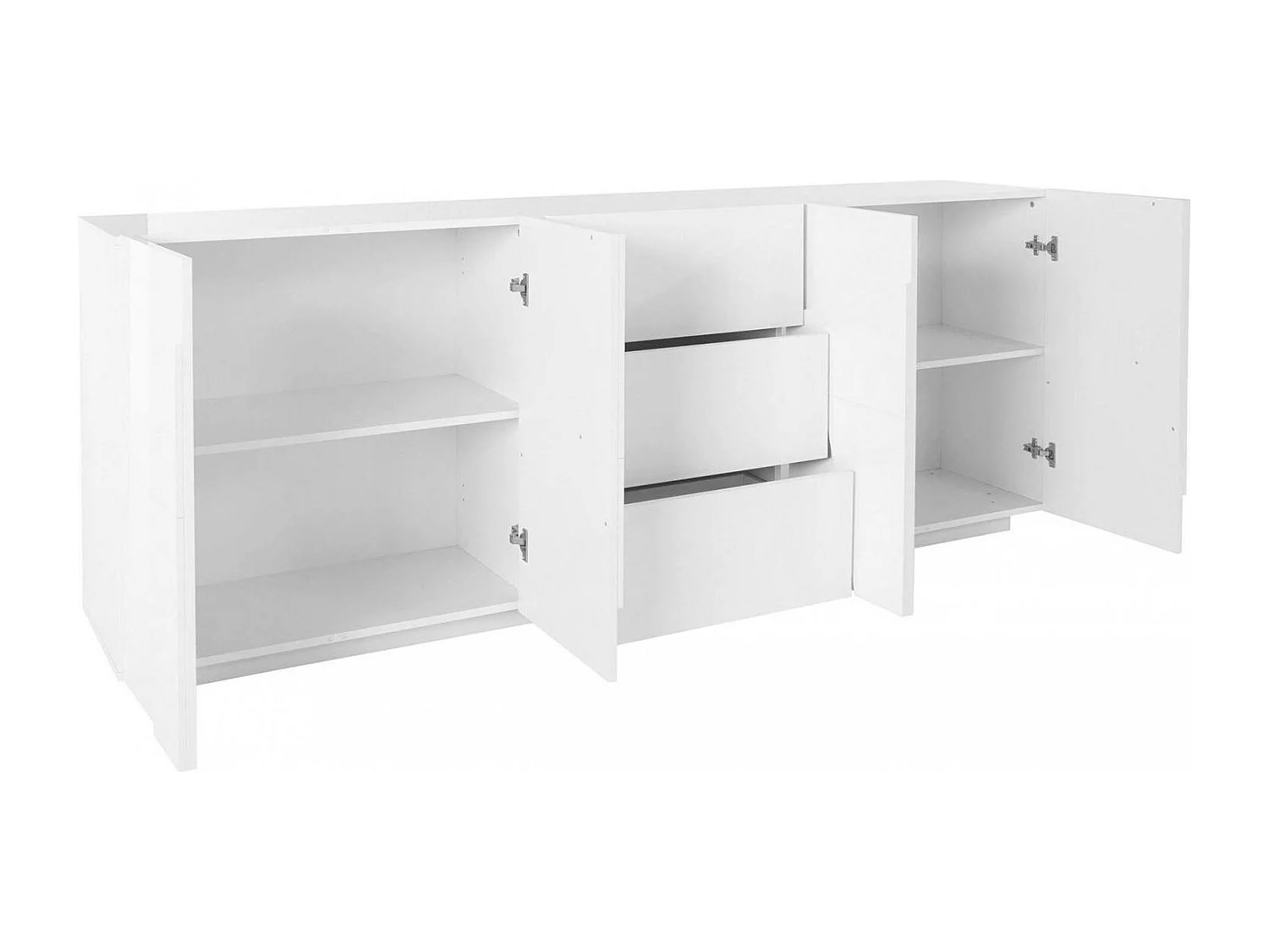 Aparador Dgut, Aparador de cozinha com 4 portas e 3 gavetas, Buffet de sala, 100% Fabricado em Itália, 224x44h86 cm, Branco brilhante