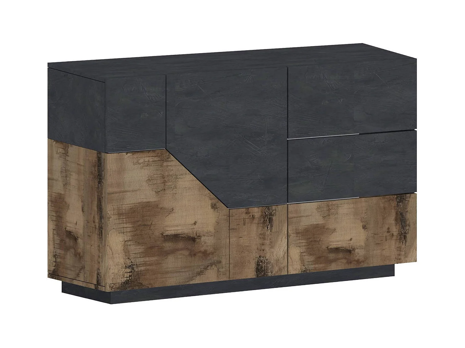 Buffet Dgirell, Buffet de cuisine avec 2 portes et 3 tiroirs, Buffet de salon, 100% Made in Italy, 141x43h86 cm, Ardoise et Érable