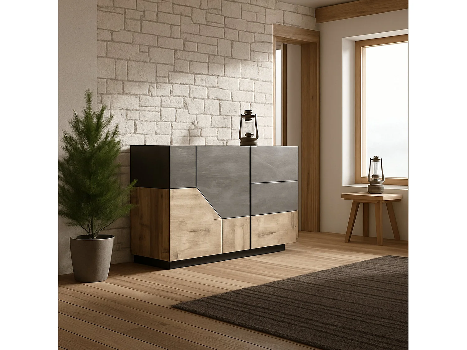 Buffet Dgirell, Buffet de cuisine avec 2 portes et 3 tiroirs, Buffet de salon, 100% Made in Italy, 141x43h86 cm, Ardoise et Érable