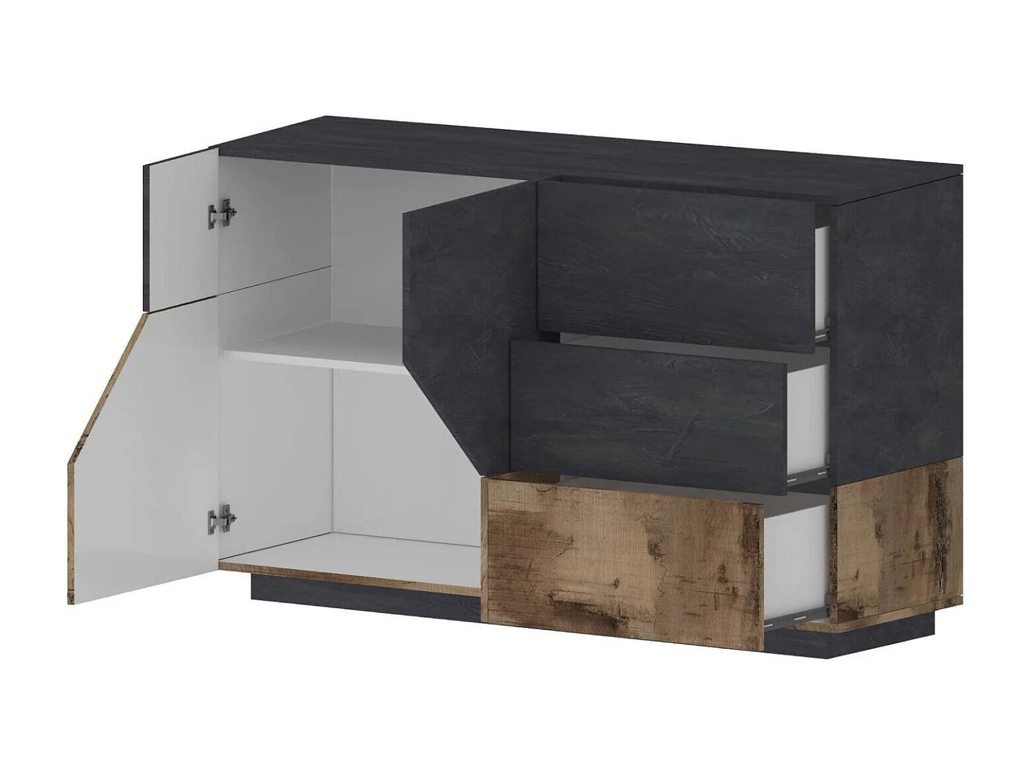 Buffet Dgirell, Buffet de cuisine avec 2 portes et 3 tiroirs, Buffet de salon, 100% Made in Italy, 141x43h86 cm, Ardoise et Érable