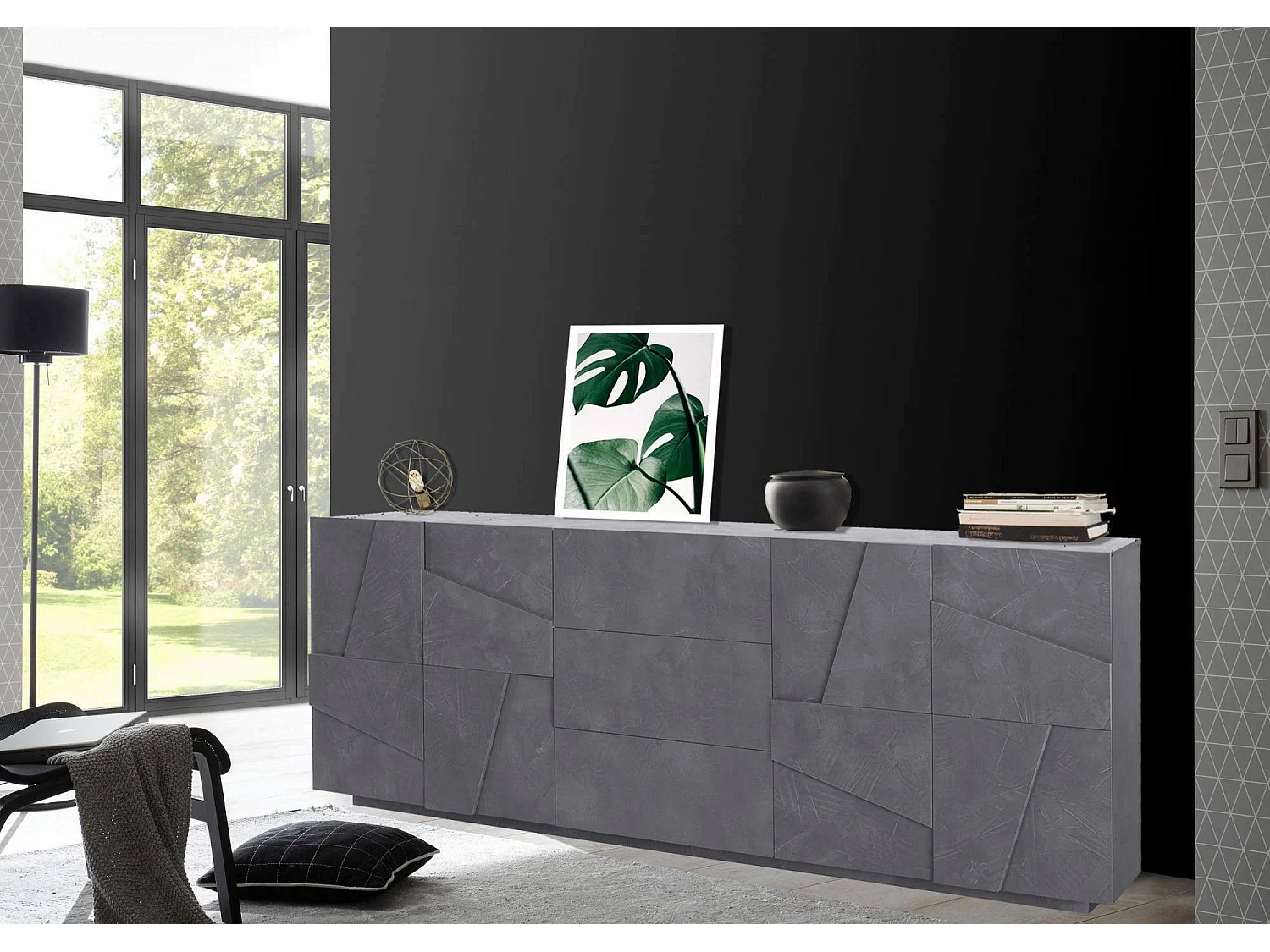 Dgut dressoir, Keukendressoir met 4 deuren en 3 laden, Woonkamerbuffet, 100% Made in Italy, 224x44h86 cm, Leisteen