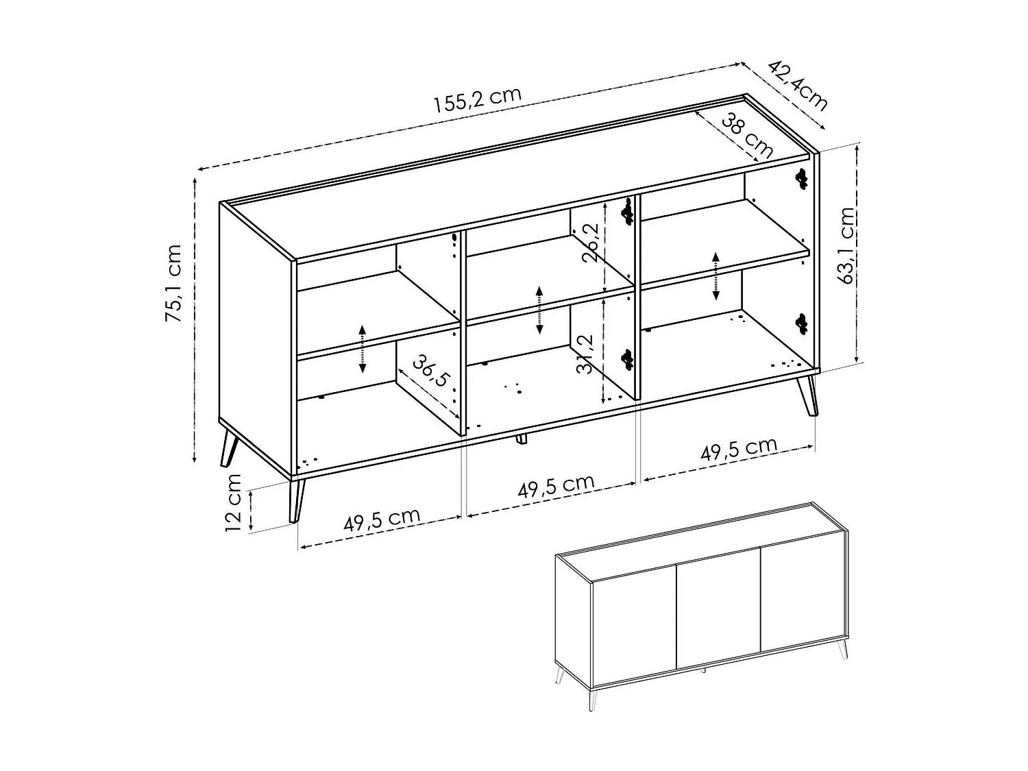 Sideboard Dadop, Buffet für Wohnzimmer, Modernes Sideboard für Wohnzimmer mit 3 Türen, 155x43h75 cm, Eiche und WeiÃŸ