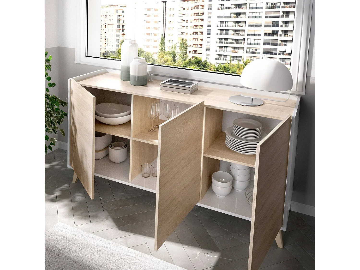 Sideboard Dadop, Buffet für Wohnzimmer, Modernes Sideboard für Wohnzimmer mit 3 Türen, 155x43h75 cm, Eiche und WeiÃŸ