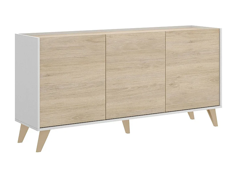 Dadop dressoir, Woonkamerbuffet, Modern woonkamerdressoir met 3 deuren, 155x43h75 cm, Eiken en Wit