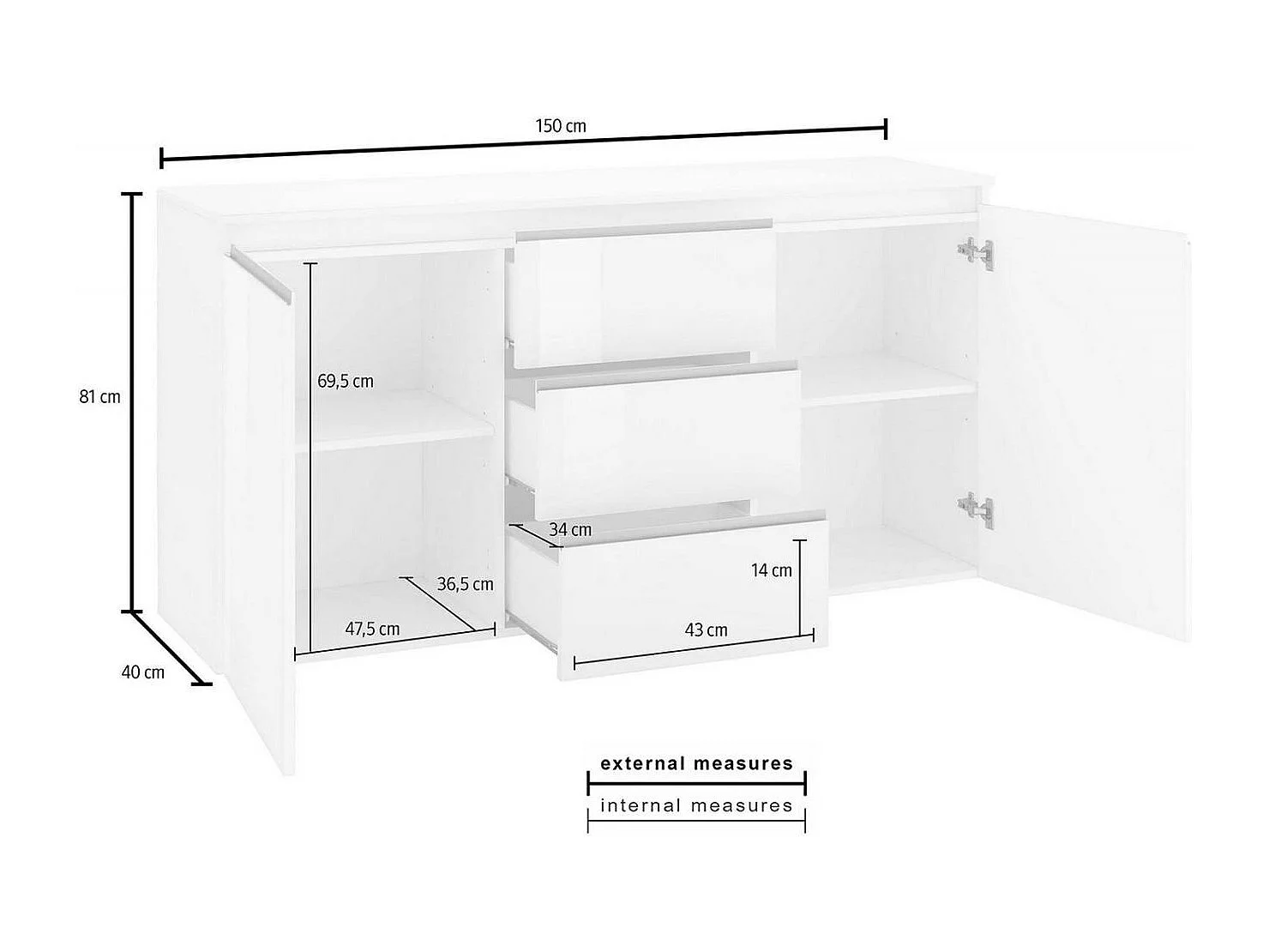 Buffet Dcaccam, Buffet design avec 2 portes et 3 tiroirs, Buffet de salon, Buffet de cuisine, 100% Made in Italy, 150x40h81 cm, Blanc brillant