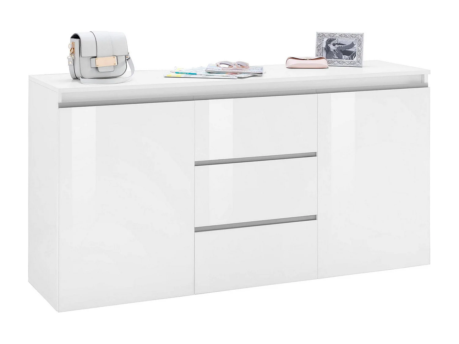 Buffet Dcaccam, Buffet design avec 2 portes et 3 tiroirs, Buffet de salon, Buffet de cuisine, 100% Made in Italy, 150x40h81 cm, Blanc brillant
