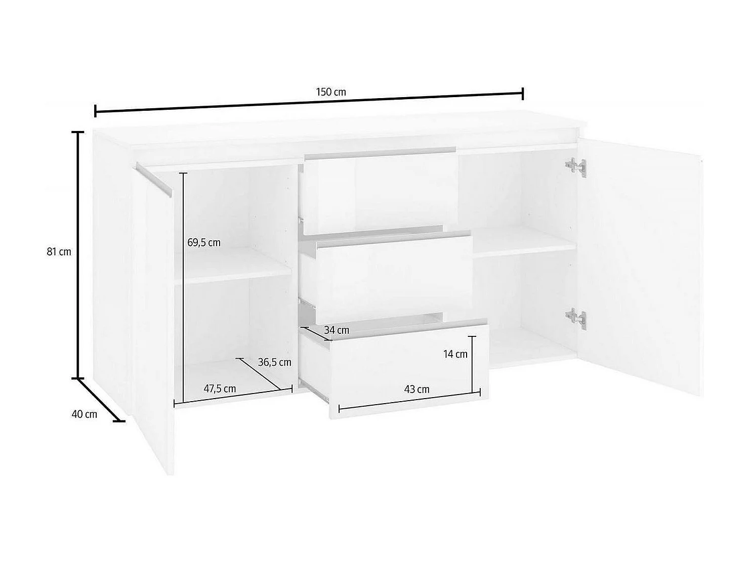 Buffet Dcaccam, Buffet design avec 2 portes et 3 tiroirs, Buffet de salon, Buffet de cuisine, 100% Made in Italy, 150x40h81 cm, Blanc brillant