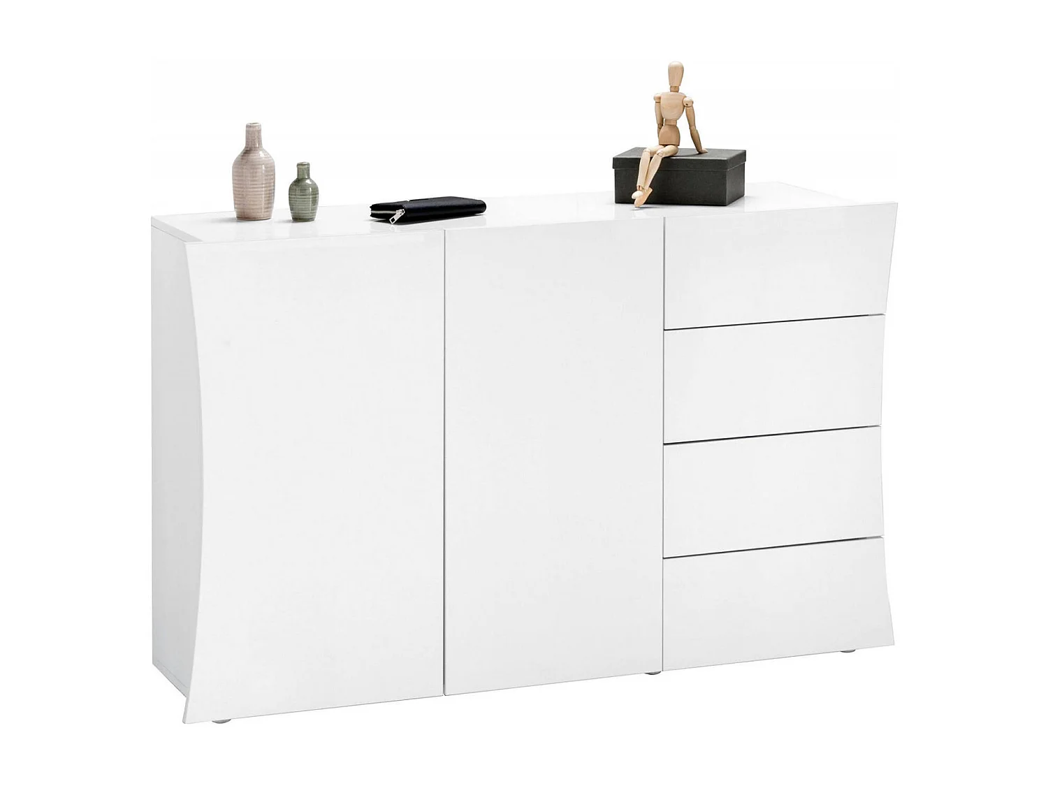 Aparador Dmogno, Aparador de cozinha com 2 portas e 4 gavetas, Buffet de sala, 100% Fabricado na Itália, 124x40h82 cm, Branco brilhante