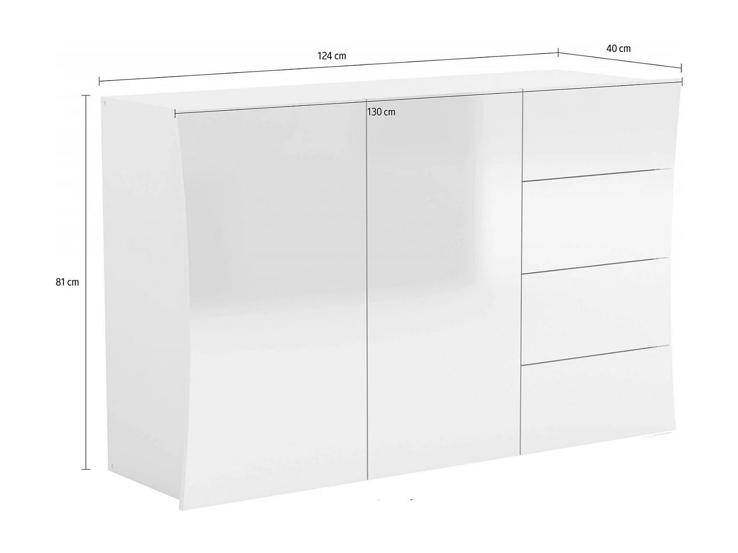 Buffet Dmogno, Buffet de cuisine avec 2 portes et 4 tiroirs, Buffet de salon, 100% Made in Italy, 124x40h82 cm, Blanc brillant