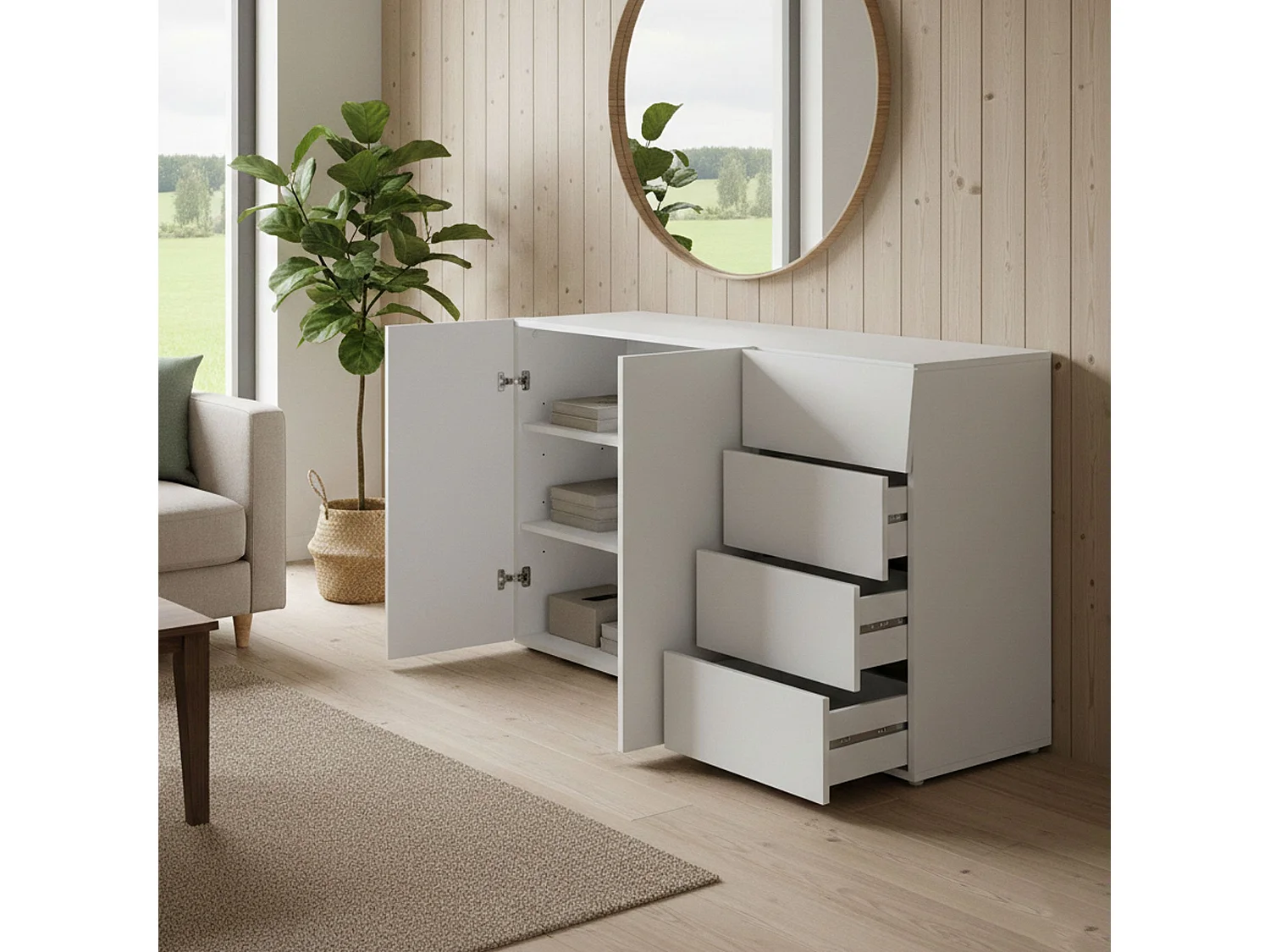 Dmogno dressoir, Keukendressoir met 2 deuren en 4 laden, Woonkamerbuffet, 100% Made in Italy, 124x40h82 cm, Glanzend wit