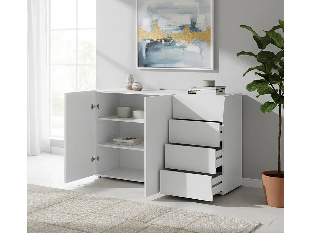 Dmogno dressoir, Keukendressoir met 2 deuren en 4 laden, Woonkamerbuffet, 100% Made in Italy, 124x40h82 cm, Glanzend wit