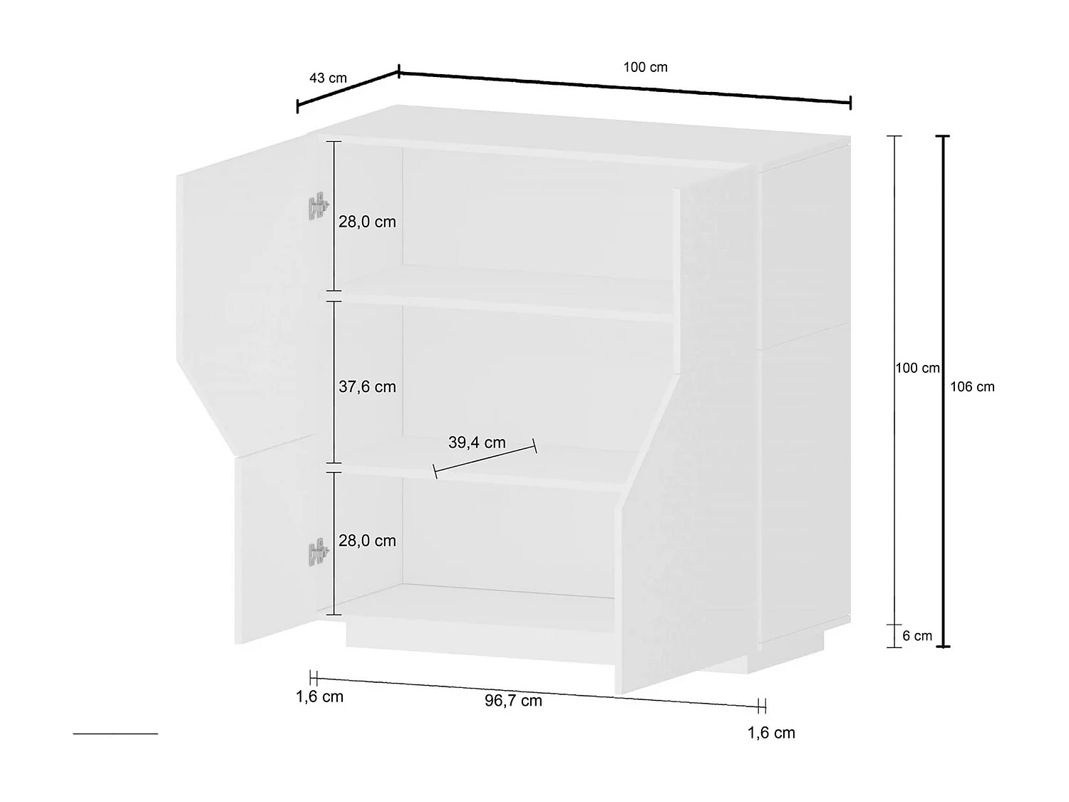 Dmora - Credenza Arbal, cm 100x43h106, Bianco lucido