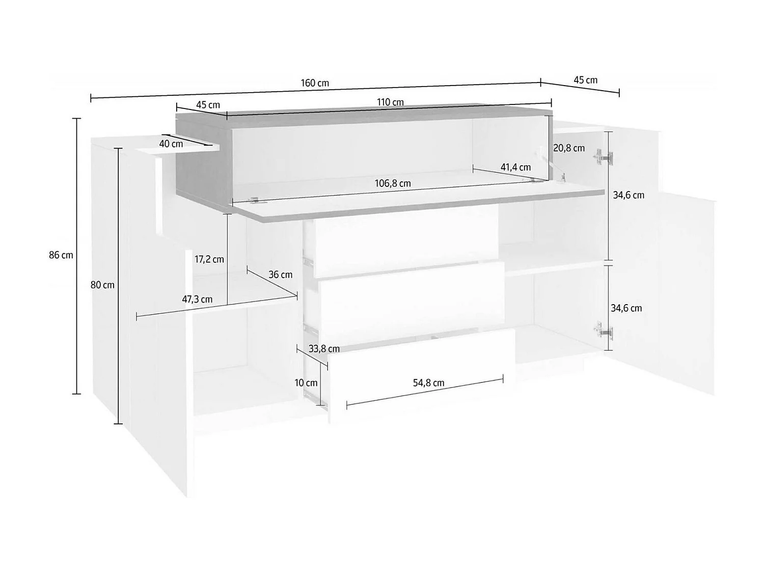Buffet Dismajl, Buffet de cuisine avec 3 portes et 3 tiroirs, Buffet de salon, 100% Made in Italy, 160x45h86 cm, Blanc brillant et ardoise