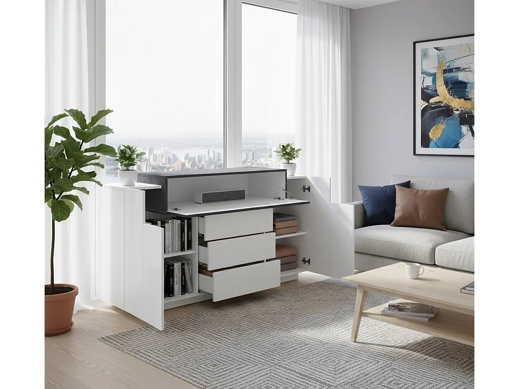 Kommode Dismajl, Küchen-Sideboard mit 3 Türen und 3 Schubladen, Wohnzimmer-Buffet, 100% Made in Italy, cm 160x45h86, glänzend weiÃŸ und Schiefer