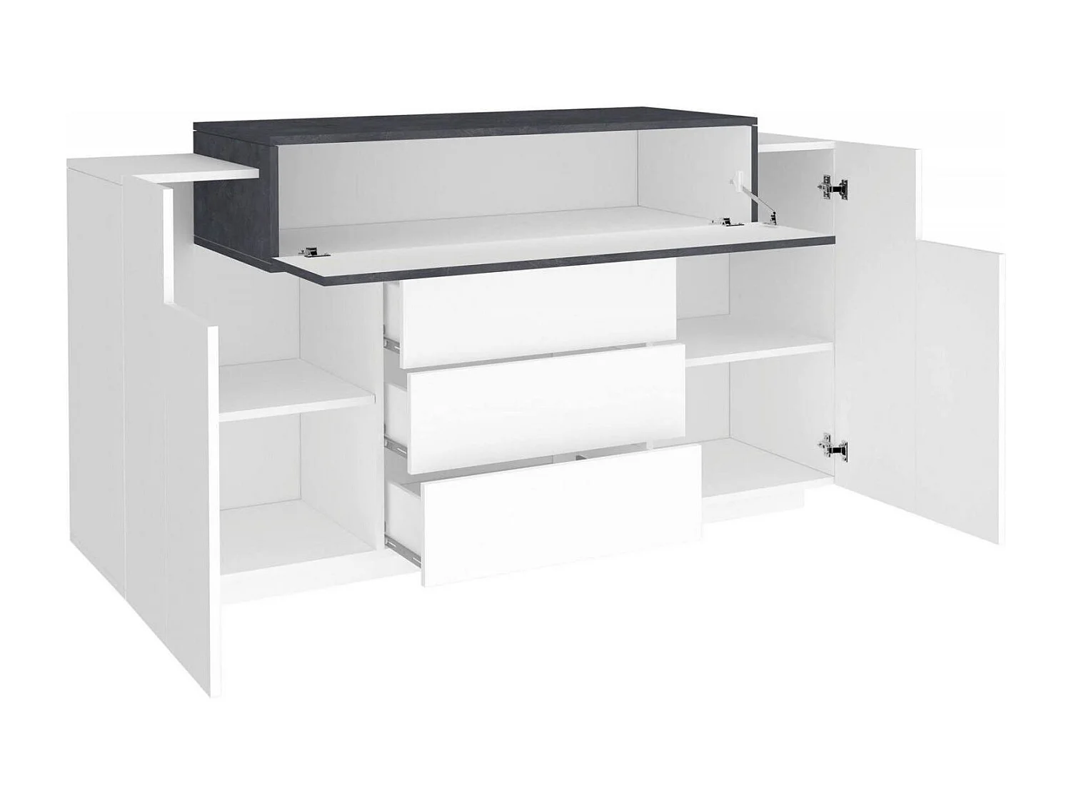 Aparador Dismajl, Aparador de cocina con 3 puertas y 3 cajones, Buffet de salón, 100% Made in Italy, cm 160x45h86, Blanco Brillo y Pizarra
