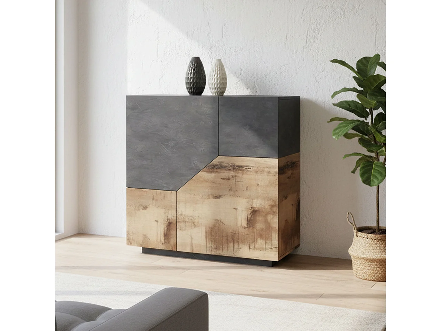 Dkoud Dressoir, Keukendressoir met 2 deuren, Woonkamerbuffet, 100% Made in Italy, 100x43h106 cm, Leisteen en Esdoorn