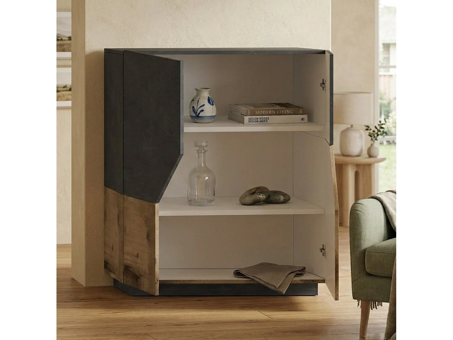 Buffet Dkoud, Buffet de cuisine 2 portes, Buffet de salon, 100% Made in Italy, 100x43h106 cm, Ardoise et Érable