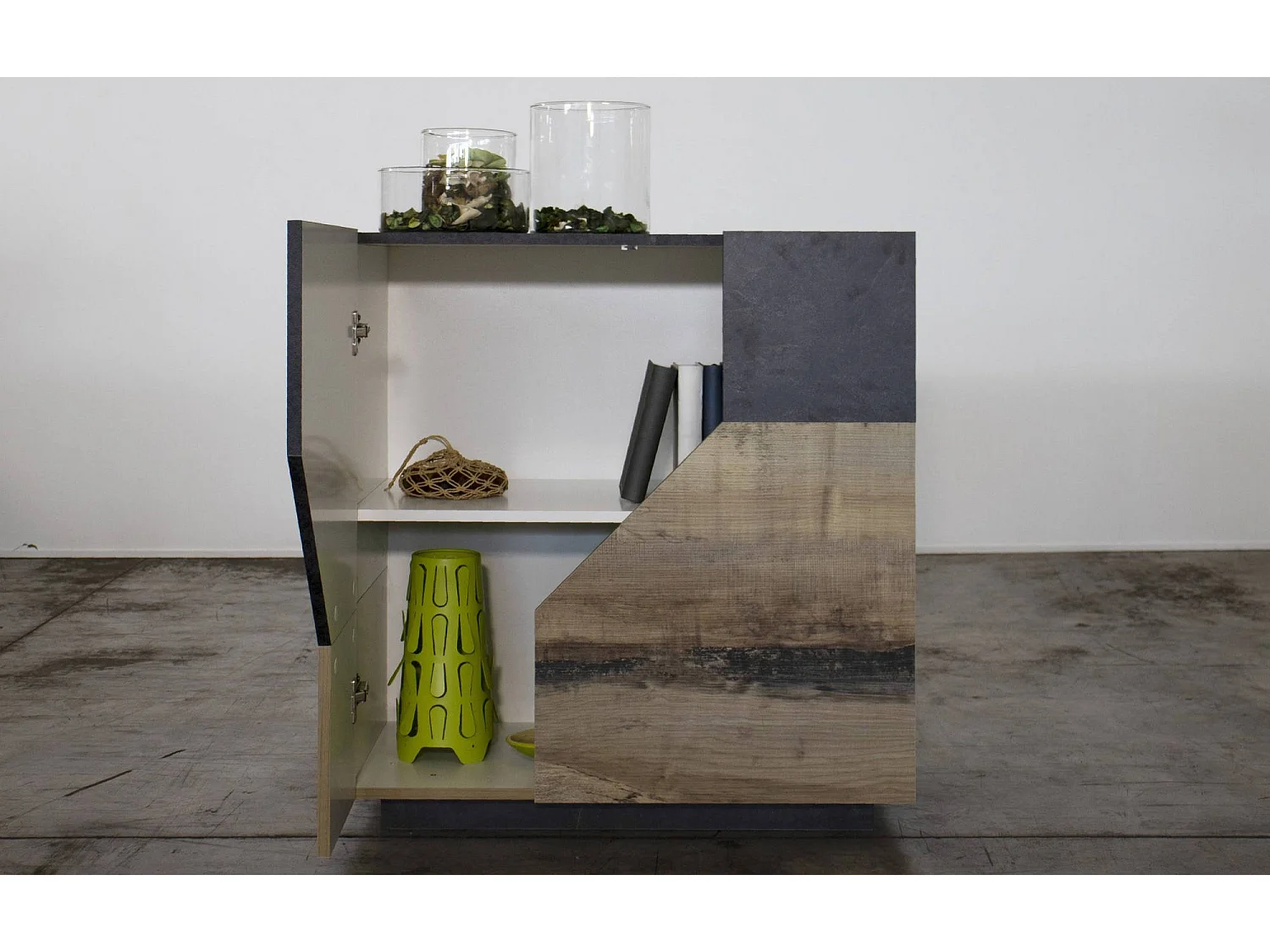 Buffet Dkoud, Buffet de cuisine 2 portes, Buffet de salon, 100% Made in Italy, 100x43h106 cm, Ardoise et Érable