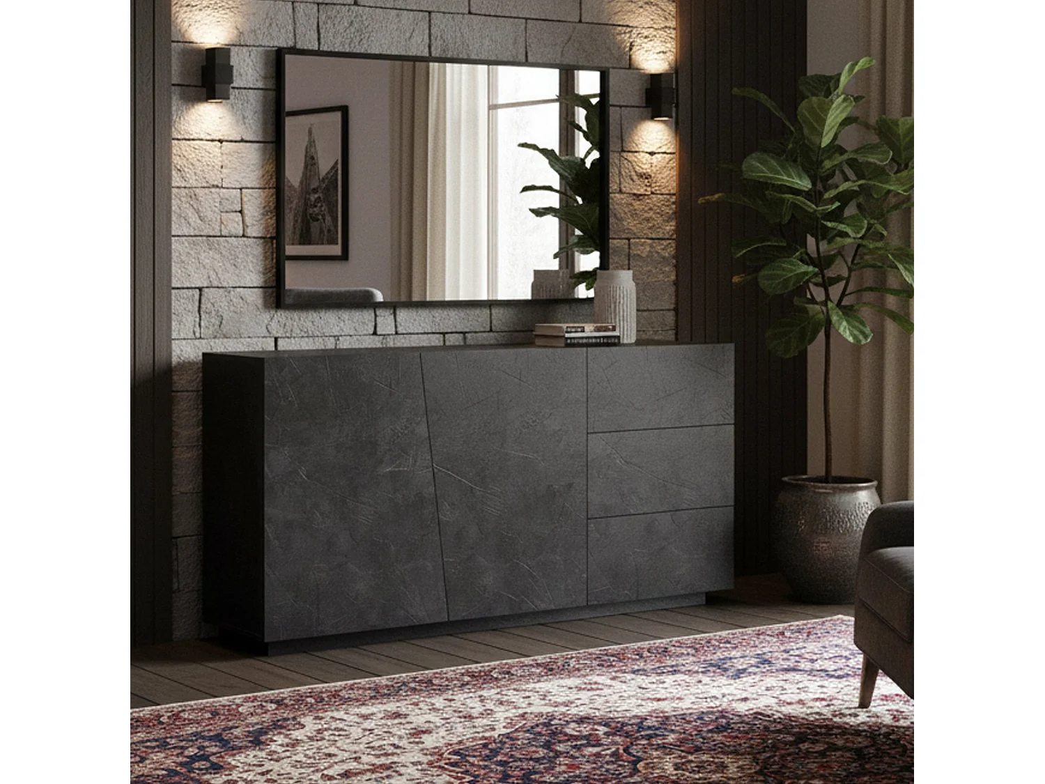 Dfogli dressoir, Keukendressoir met 2 deuren en 3 laden, Woonkamerbuffet, 100% Made in Italy, 180x43h86 cm, Leisteen