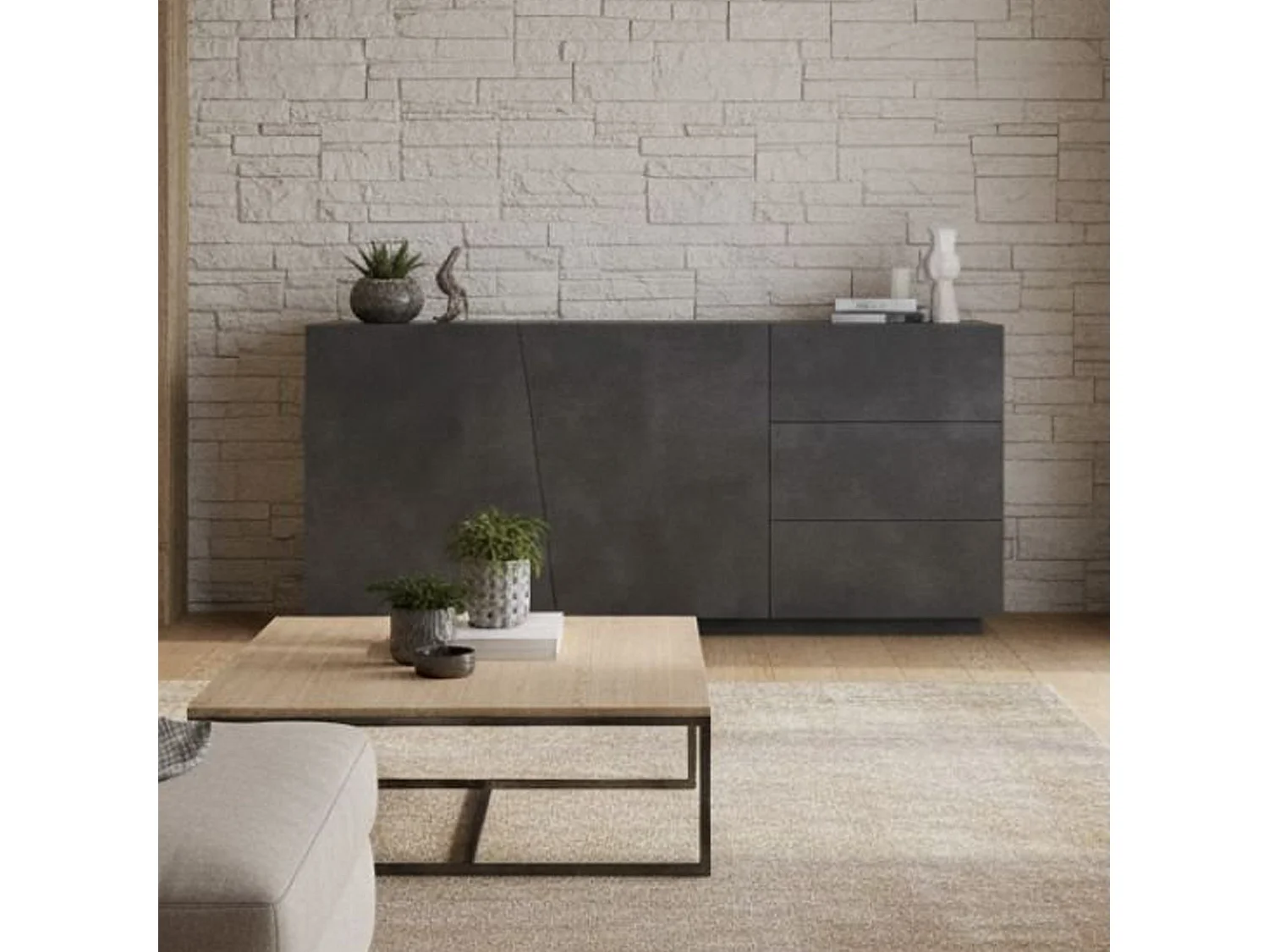 Dfogli dressoir, Keukendressoir met 2 deuren en 3 laden, Woonkamerbuffet, 100% Made in Italy, 180x43h86 cm, Leisteen