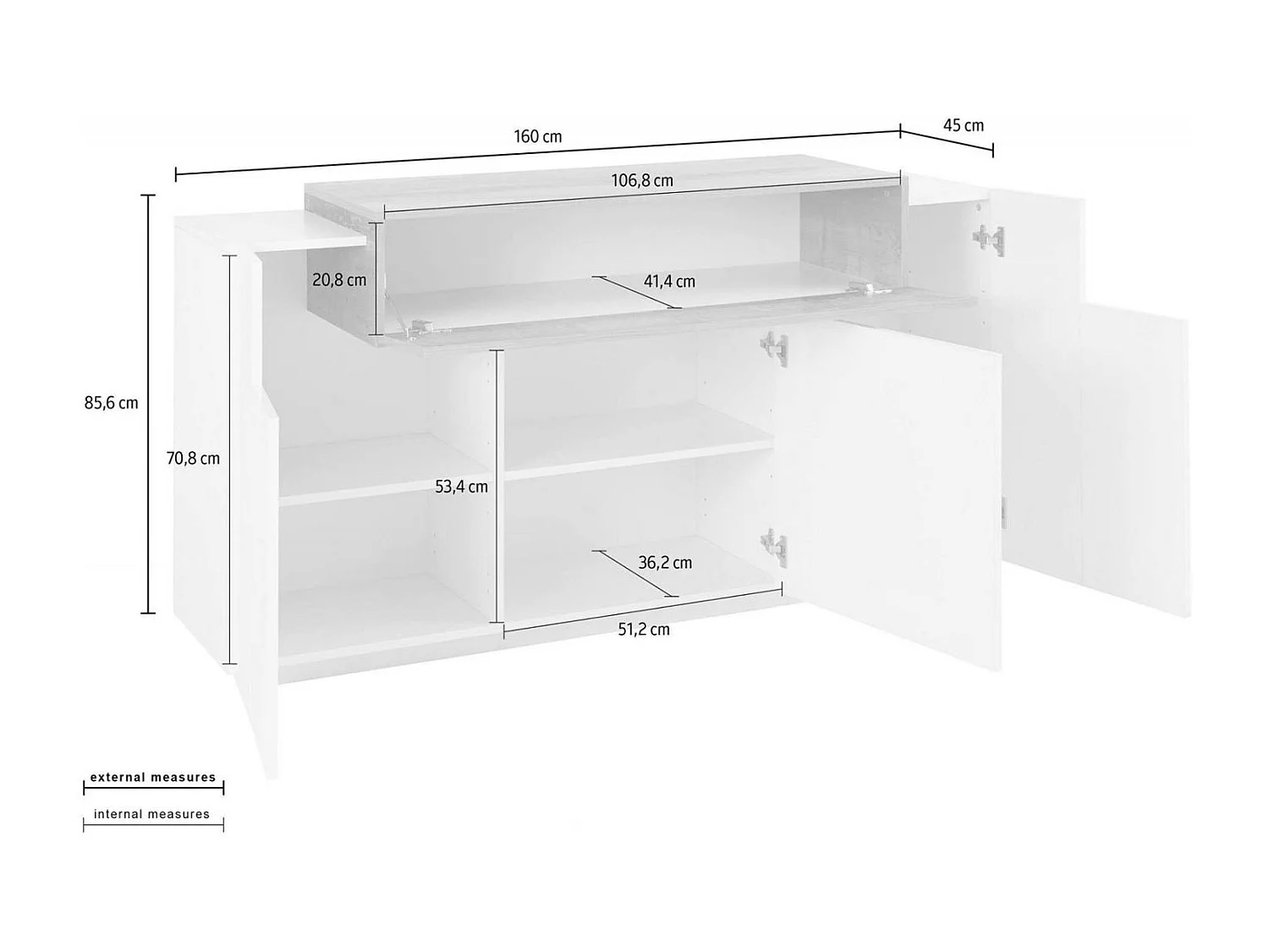 Dmem dressoir, 3-deurs keukendressoir, Woonkamerbuffet, 100% Made in Italy, 160x45h86 cm, Glanzend wit en leisteen