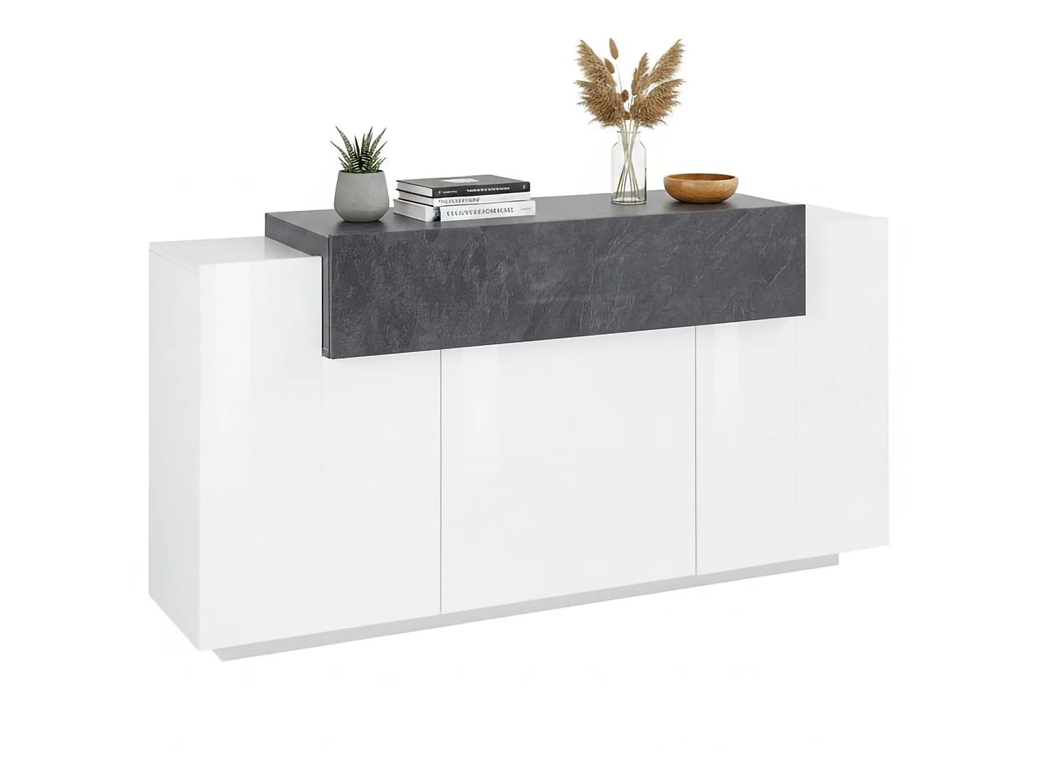 Buffet Dmem, Buffet de cuisine 3 portes, Buffet de salon, 100% Made in Italy, 160x45h86 cm, Blanc brillant et ardoise