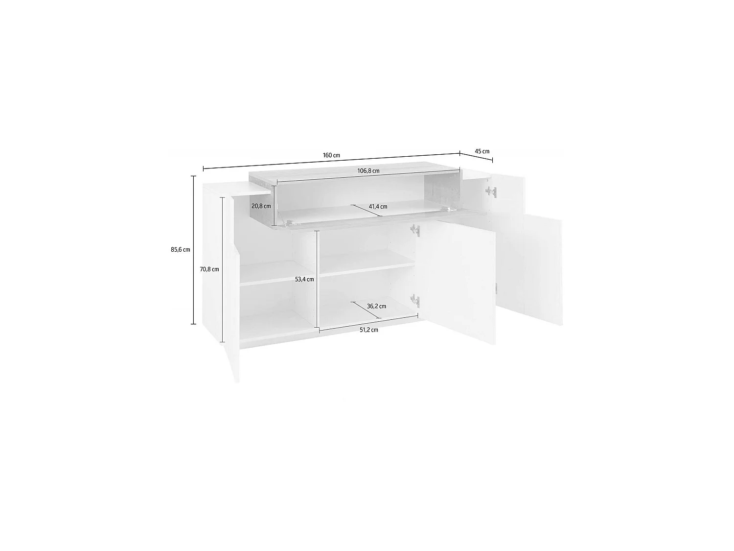 Buffet Dmem, Buffet de cuisine 3 portes, Buffet de salon, 100% Made in Italy, 160x45h86 cm, Blanc brillant et ardoise