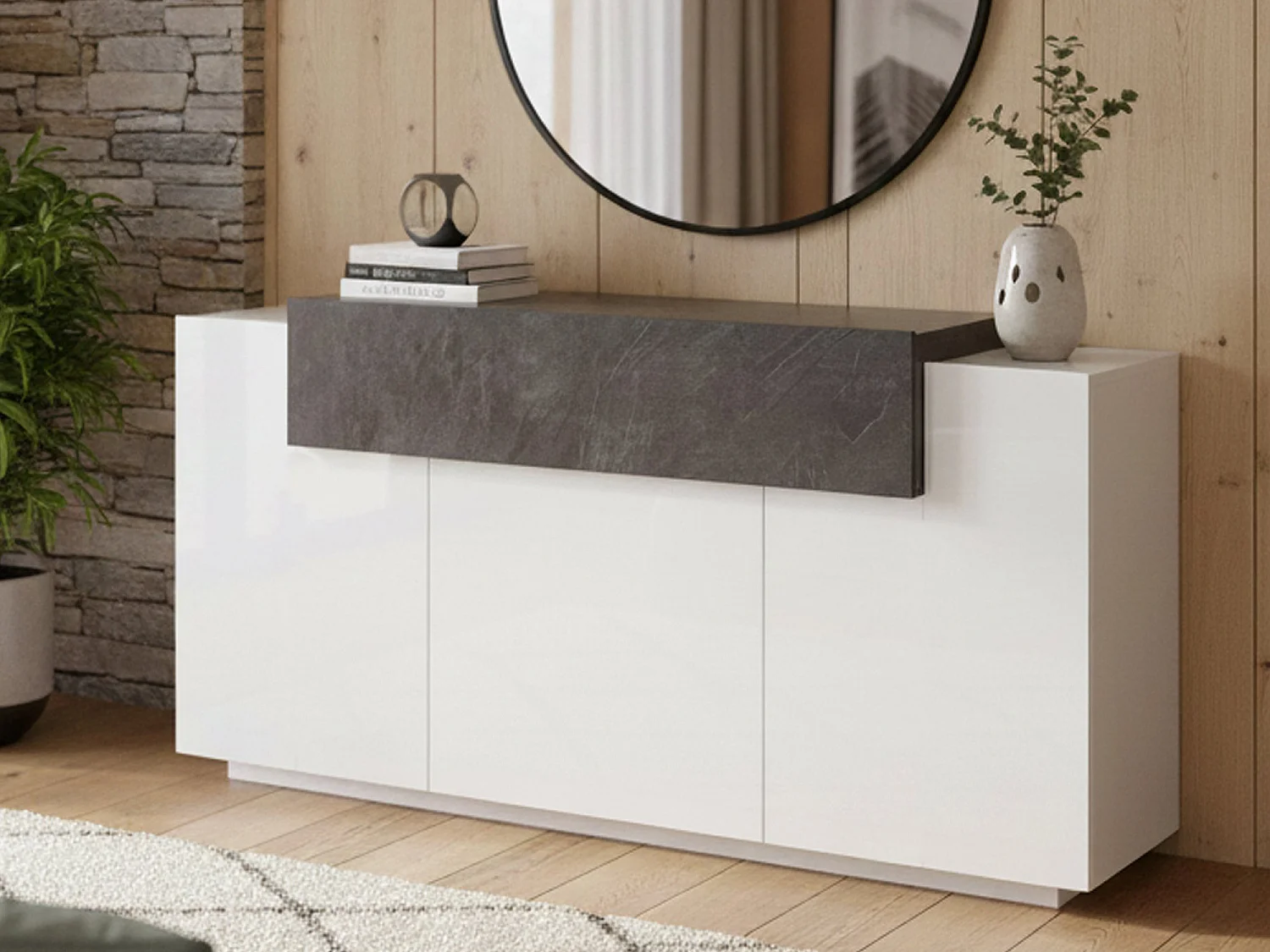 Buffet Dmem, Buffet de cuisine 3 portes, Buffet de salon, 100% Made in Italy, 160x45h86 cm, Blanc brillant et ardoise