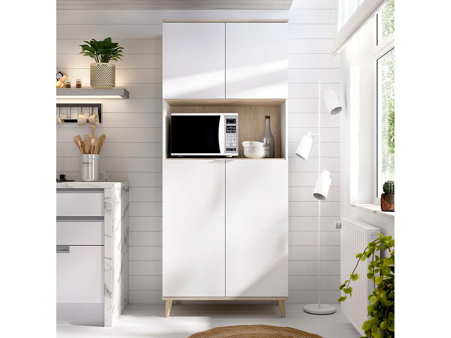 Dmora - Credenza Acura, 80x40h191 cm, Bianco e Rovere