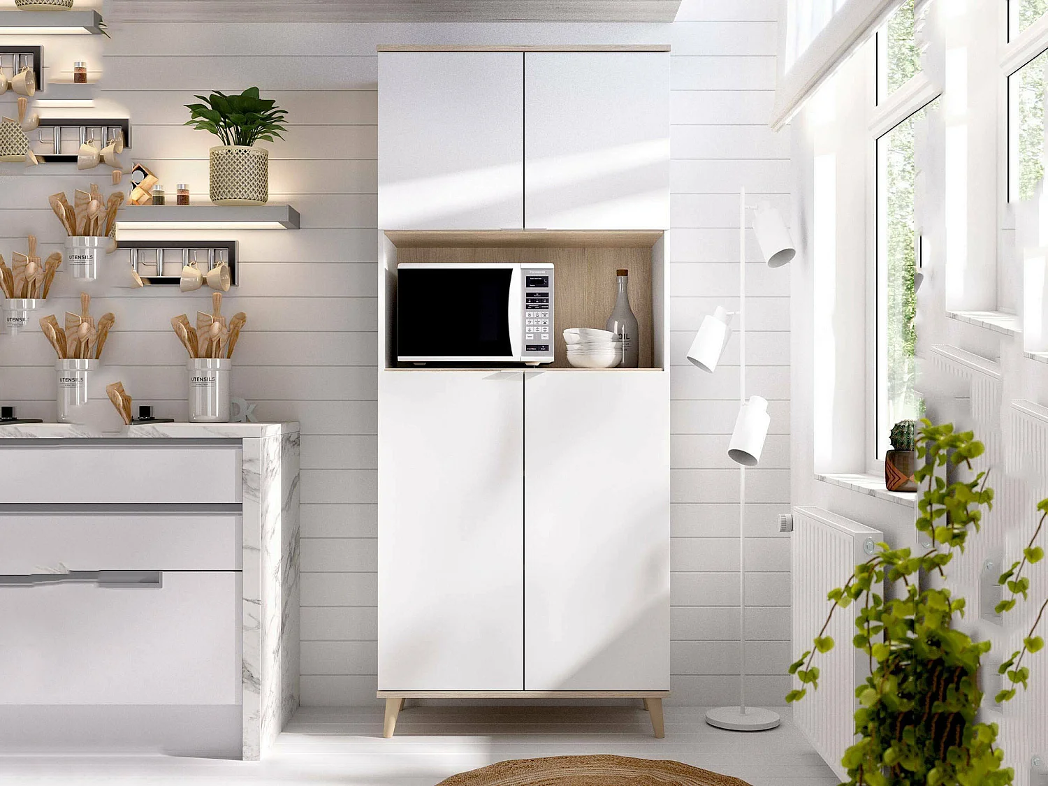 Buffet Dmerka, Buffet garde-manger de salon, Buffet de salon moderne avec 4 portes, 80x40h191 cm, Blanc et Chêne