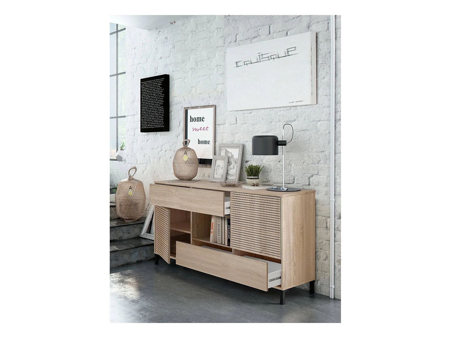 Buffet Dndo, Buffet de salon, Meuble TV, Buffet avec pieds pour salon, Armoire moderne avec 2 portes, 151x41h80 cm, Chêne