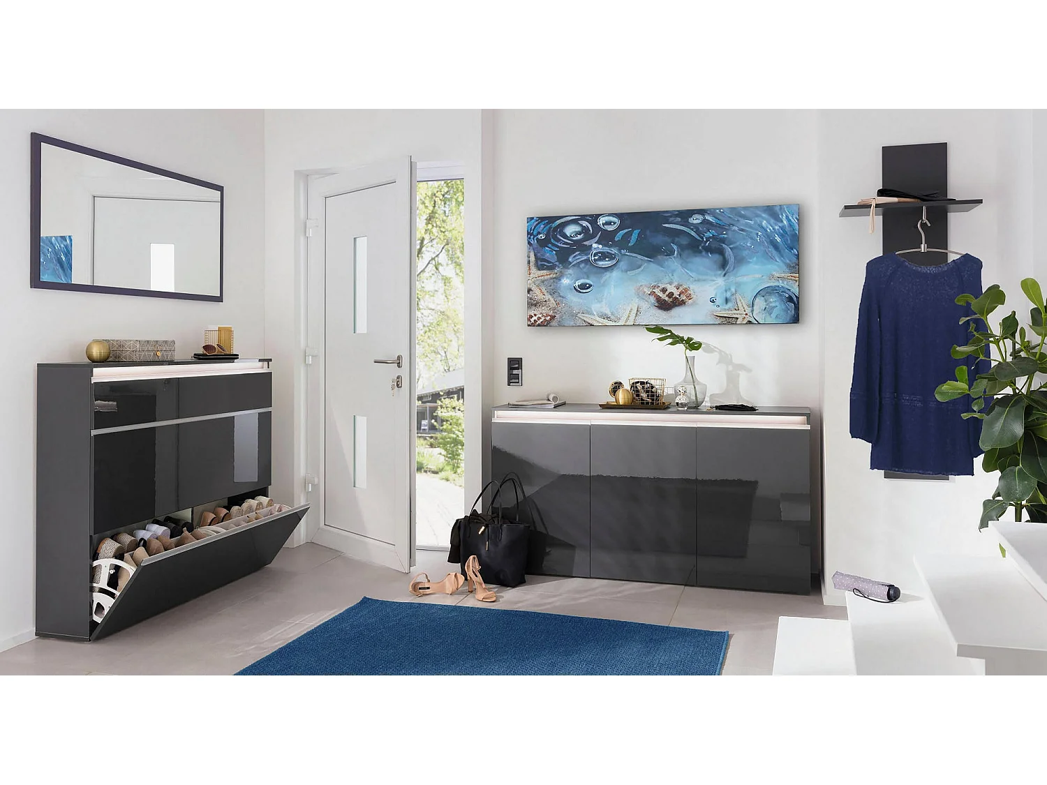 Buffet Dlun, Buffet de cuisine 3 portes, Buffet de salon, 100% Made in Italy, 150x40h81 cm, Anthracite Brillant