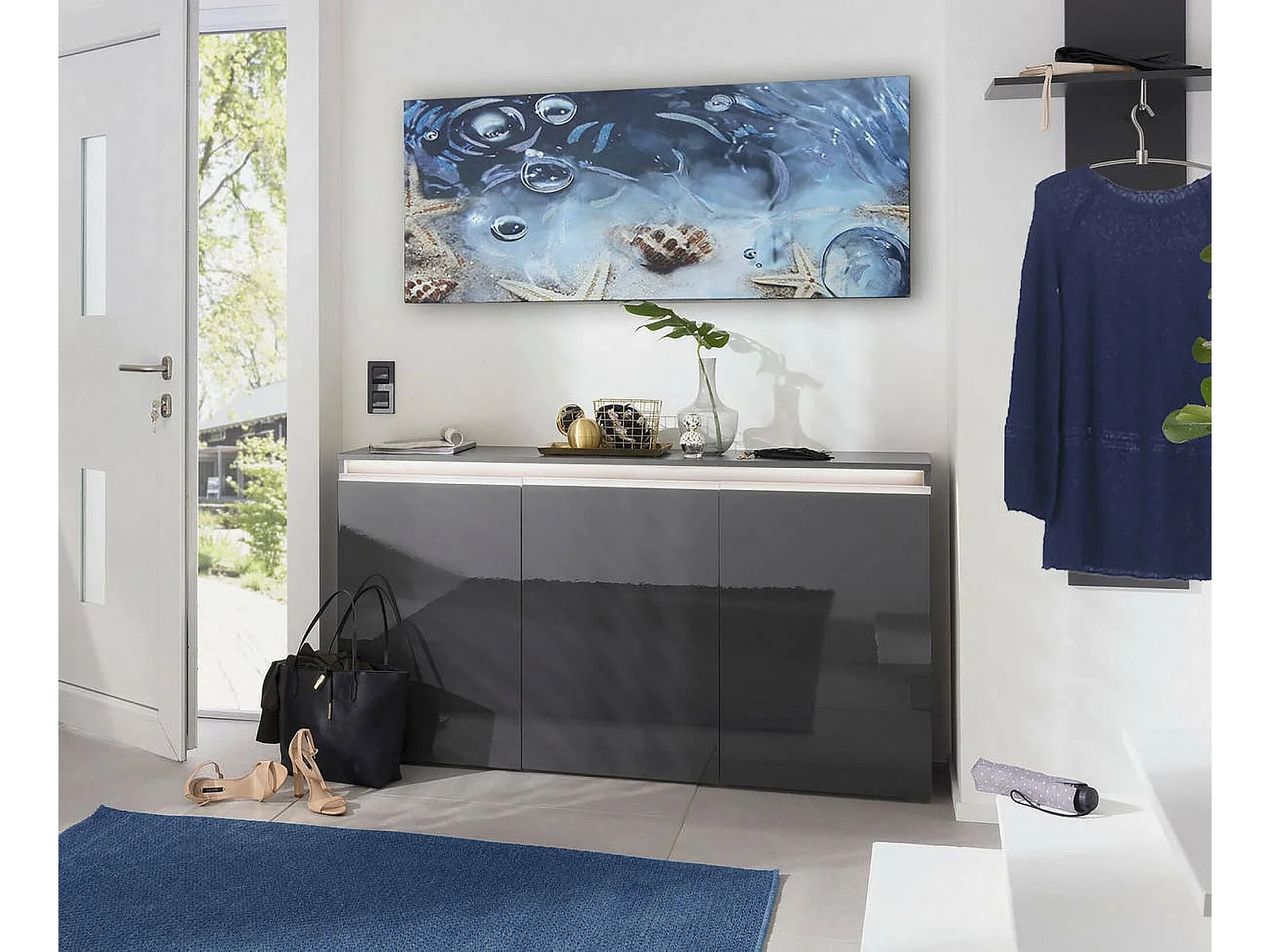 Kommode Dlun, Küchen-Sideboard mit 3 Türen, Wohnzimmer-Buffet, 100% Made in Italy, cm 150x40h81, Anthrazit glänzend