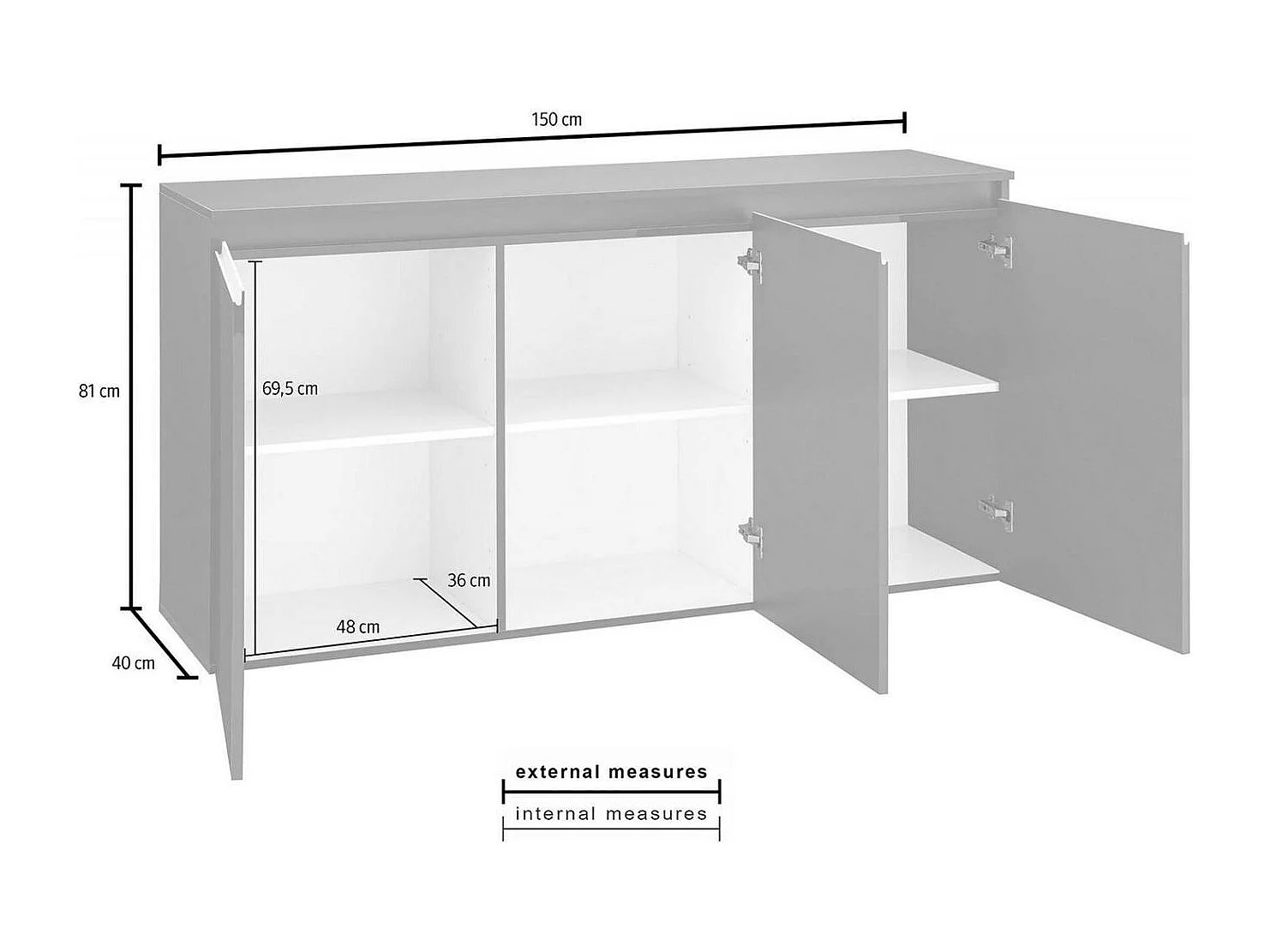 Kommode Dlun, Küchen-Sideboard mit 3 Türen, Wohnzimmer-Buffet, 100% Made in Italy, cm 150x40h81, Anthrazit glänzend