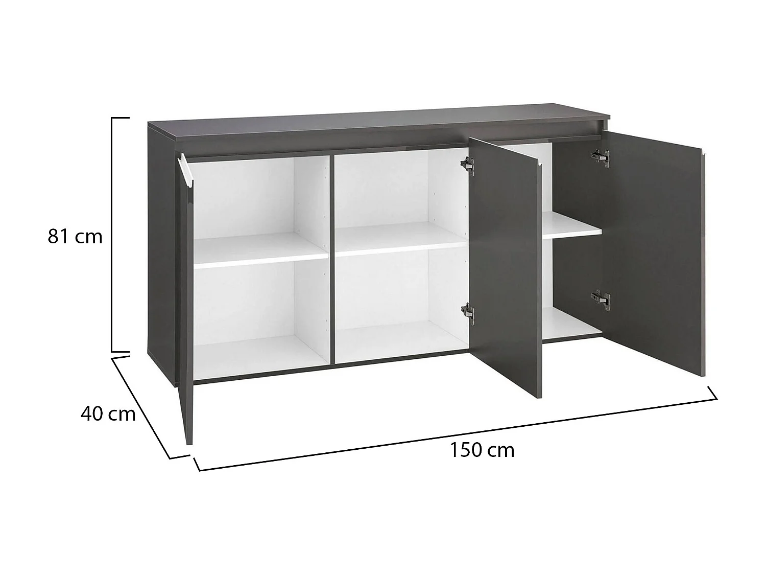 Buffet Dlun, Buffet de cuisine 3 portes, Buffet de salon, 100% Made in Italy, 150x40h81 cm, Anthracite Brillant