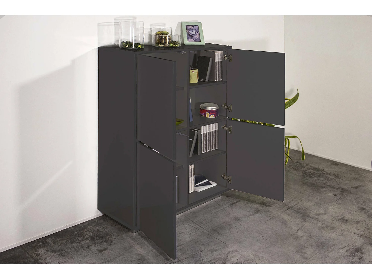 Buffet Dpaci, Buffet de cuisine 4 portes, Buffet de salon, 100% Made in Italy, 100x41h126 cm, Anthracite Brillant