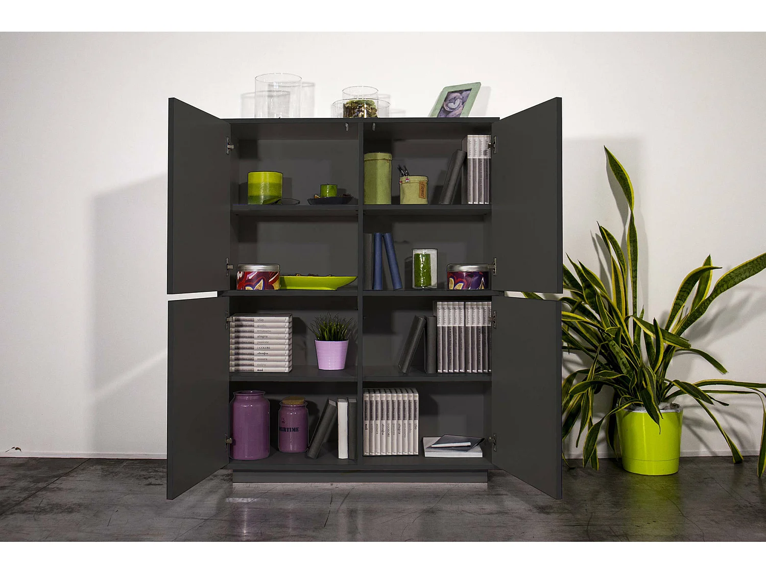 Buffet Dpaci, Buffet de cuisine 4 portes, Buffet de salon, 100% Made in Italy, 100x41h126 cm, Anthracite Brillant