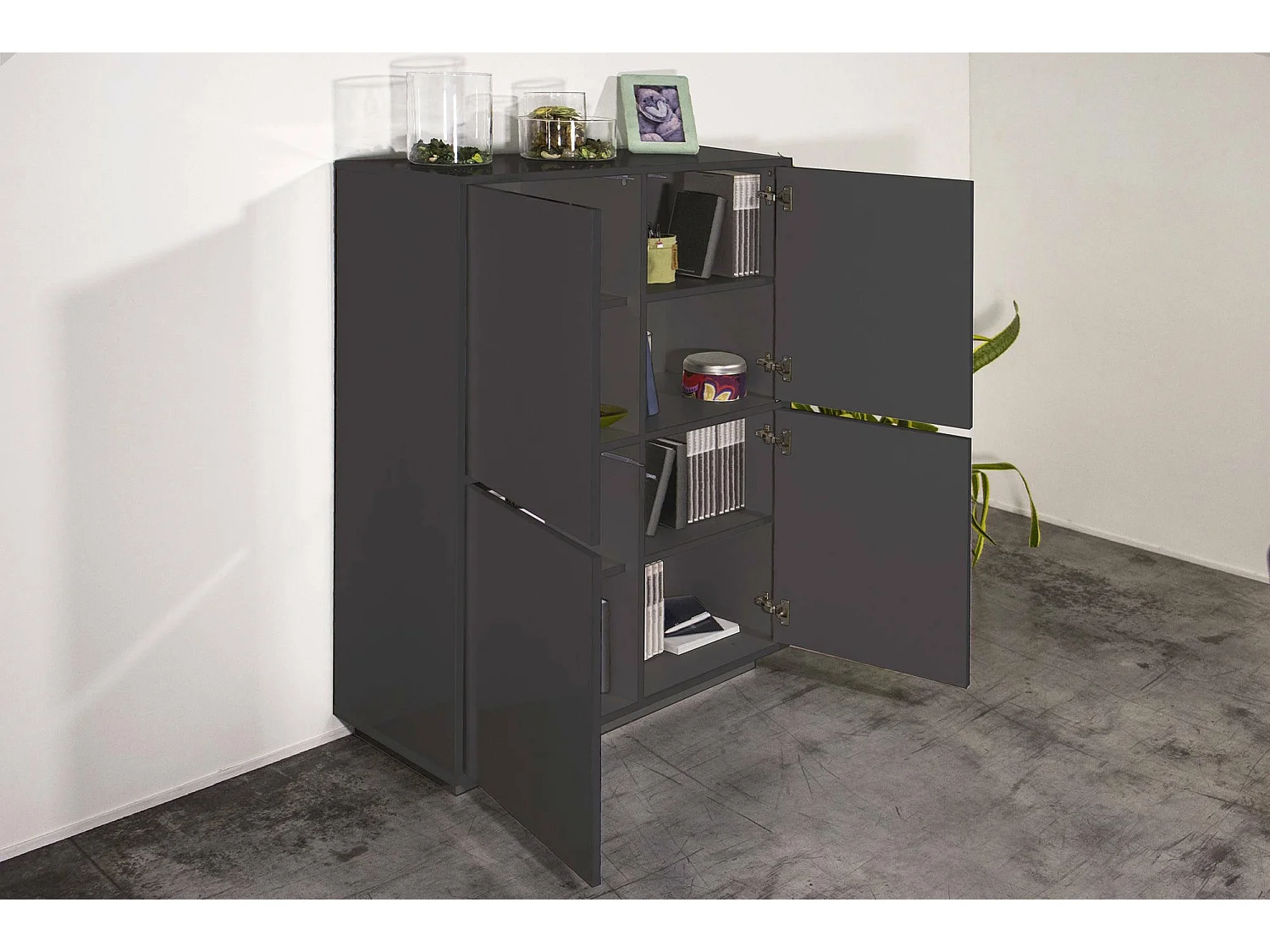 Buffet Dpaci, Buffet de cuisine 4 portes, Buffet de salon, 100% Made in Italy, 100x41h126 cm, Anthracite Brillant