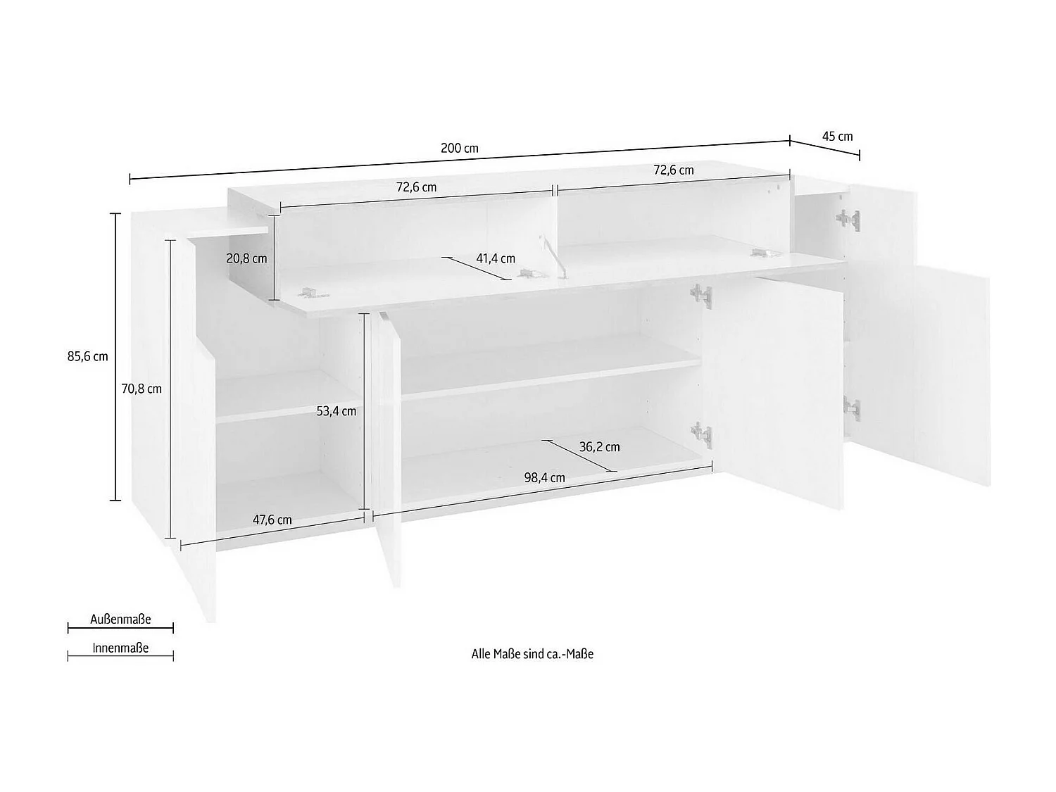 Dgerl dressoir, 4-deurs keukendressoir, Woonkamerbuffet, 100% Made in Italy, 220x45h86 cm, Glanzend wit