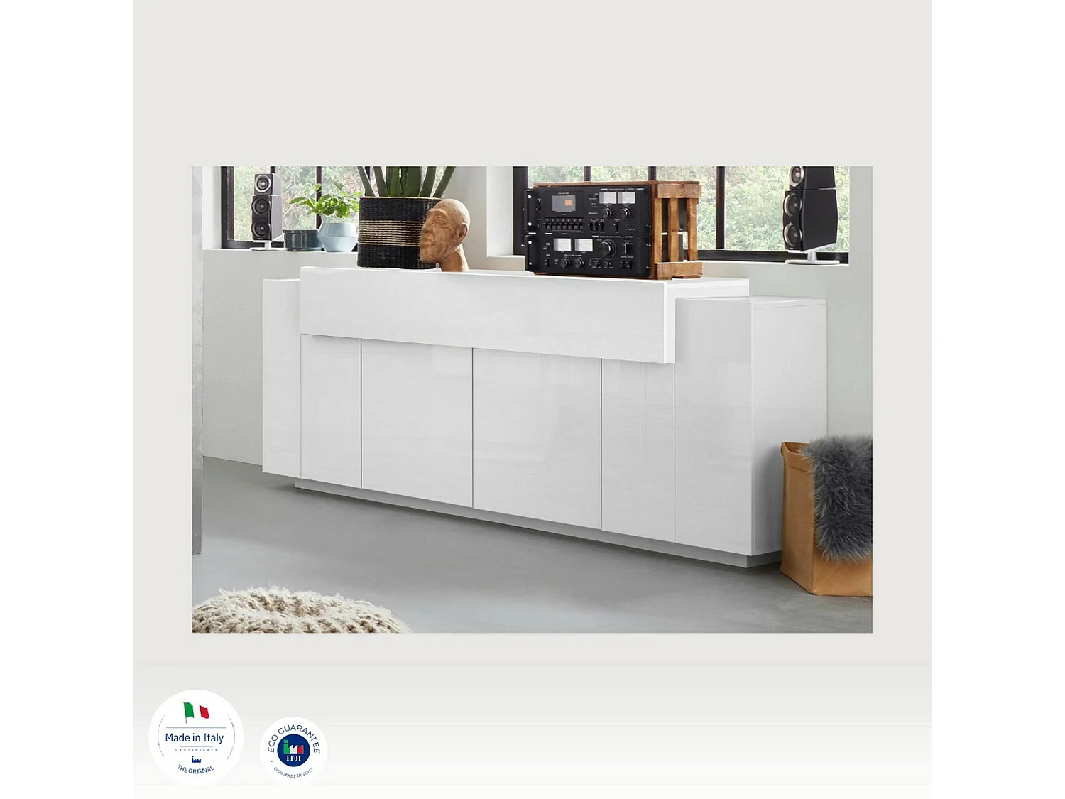 Dgerl dressoir, 4-deurs keukendressoir, Woonkamerbuffet, 100% Made in Italy, 220x45h86 cm, Glanzend wit