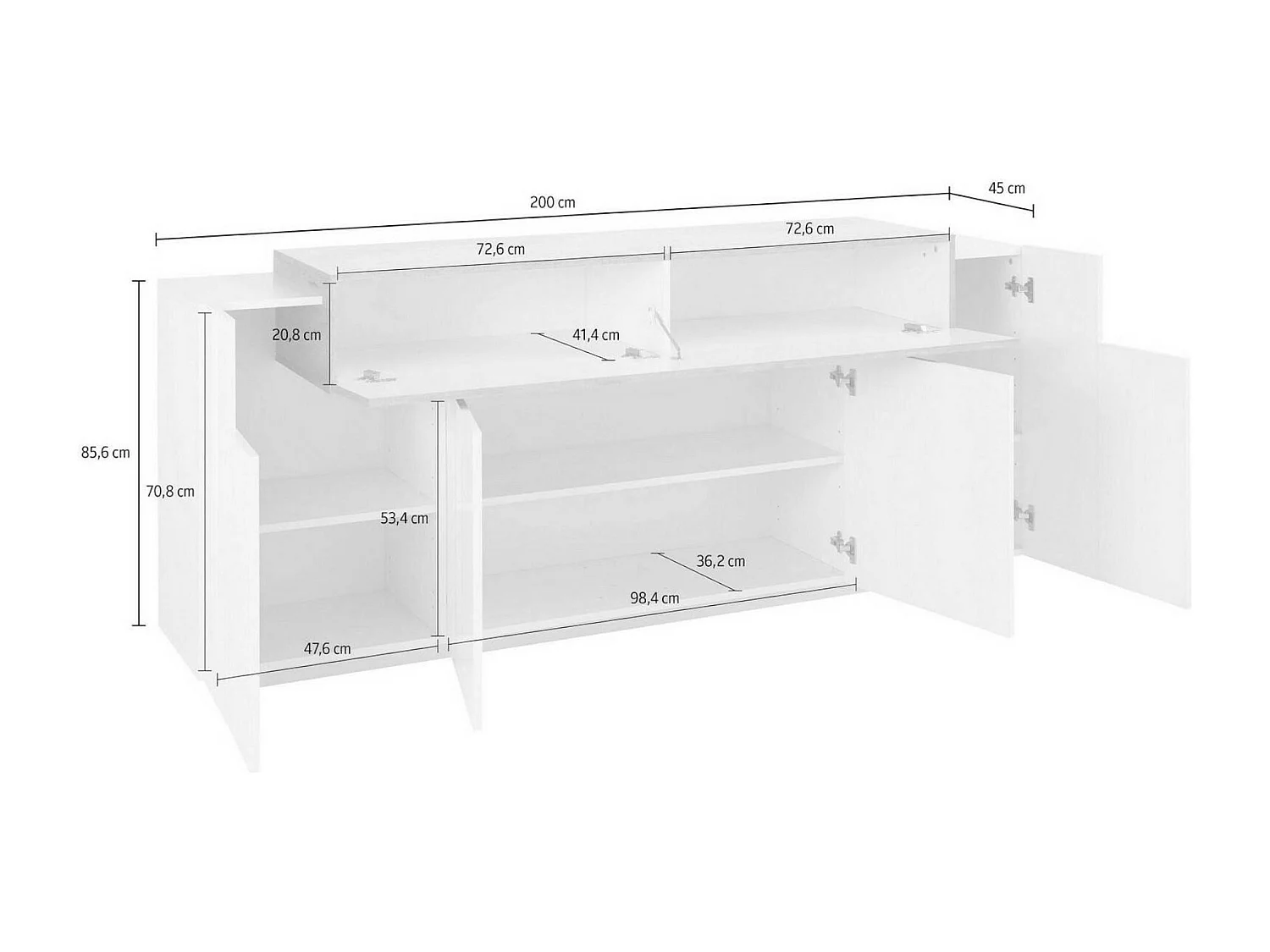 Buffet Dgerl, Buffet de cuisine 4 portes, Buffet de salon, 100% Made in Italy, 220x45h86 cm, Blanc brillant