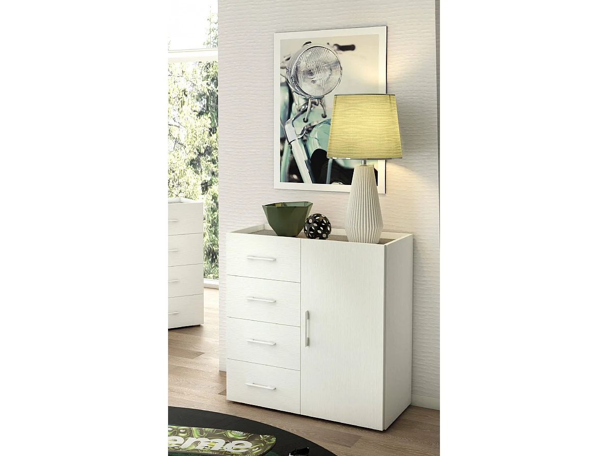 Aparador Dnag, Armário Buffet com 1 porta e 4 gavetas, Aparador de sala, Armário multiuso com prateleiras, 100% Fabricado na Itália, 90x41h87 cm, Branco