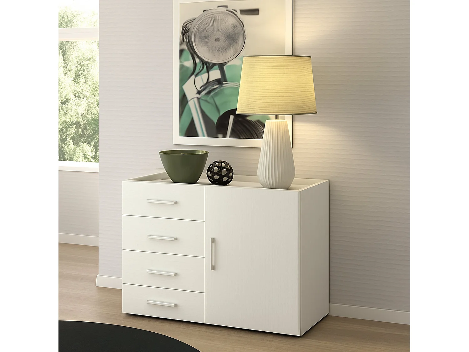 Buffet Dnag, Buffet avec 1 porte et 4 tiroirs, Buffet de salon, Armoire polyvalente avec étagères, 100% Made in Italy, 90x41h87 cm, Blanc