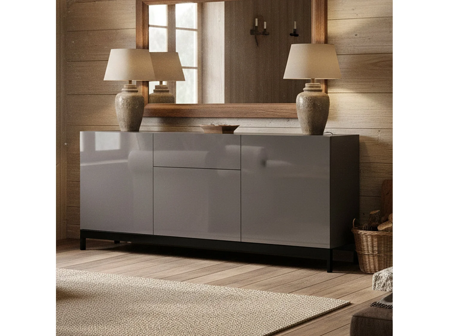 Buffet Dmitol, Buffet de cuisine avec 3 portes et 1 tiroir, Buffet de salon, 100% Made in Italy, 170x40h47 cm, Anthracite Brillant